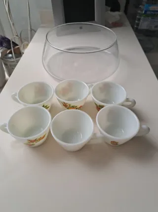 Juego 6 tazas café antiguas con bol cristal inclui