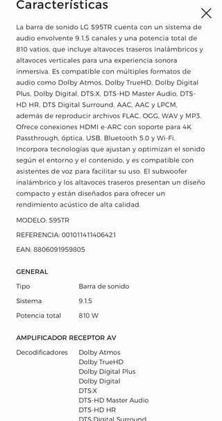 Barra de Sonido LG S95TR AI Sound Pro 4K