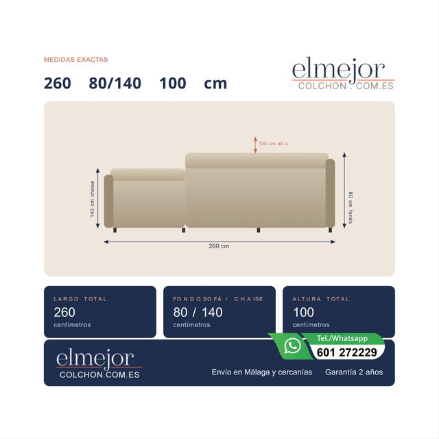 Chaiselongue 260cm Relax Extraíble Nuevo Málaga