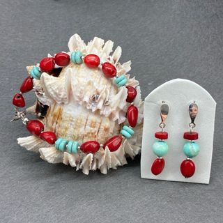 Conjunto Pulsera y Pendientes Coral y Turquesa