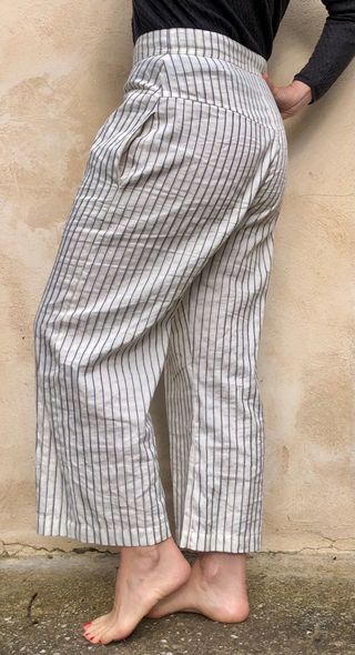 Pantalón lino algodón rayas ancho a media pierna M