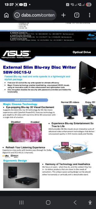 Grabadora DVD Asus SBW-06C1S-U Externa