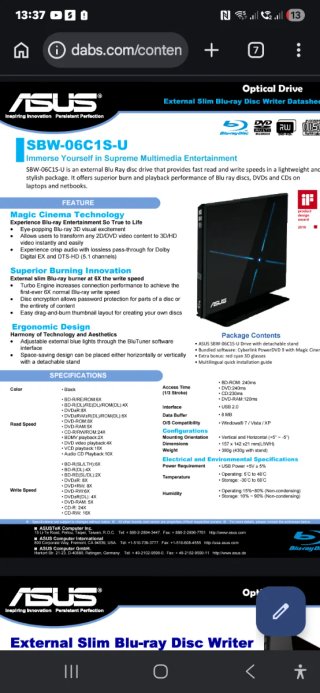 Grabadora DVD Asus SBW-06C1S-U Externa