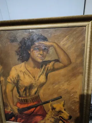 Cuadro antiguo vintage mujer cazadora