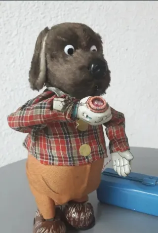 Perro Juguete Antiguo Cuerda Maleta Azul