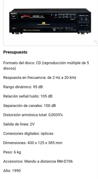 Reproductor CD Sony 5 Discos Gama Alta