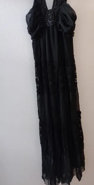 Vestido largo negro pedrería encaje T S-M