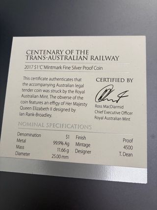 1/2 onza  Trans-Australian Railway 2017
