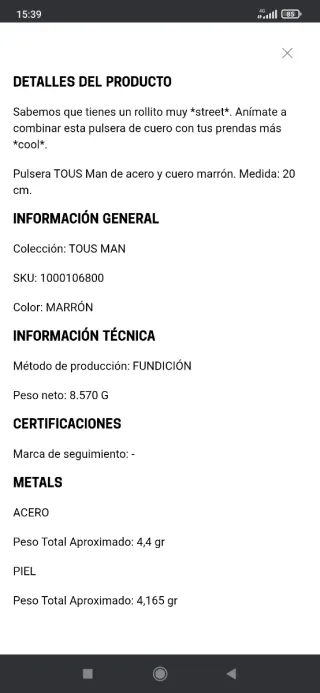 Pulsera Tous Cuero Marrón Hombre