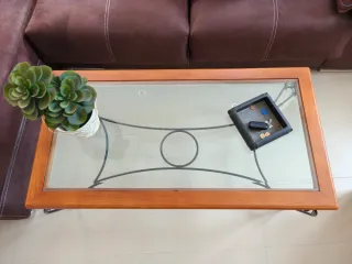 Mesa de centro madera, forja y cristal