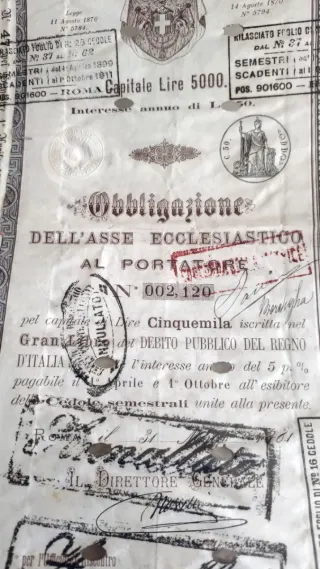 1881 Debito Pubblico Obbligazione Asse Ecclesiasti