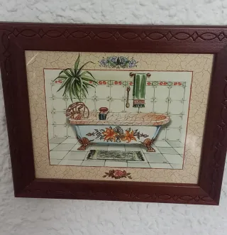 Cuadro Baño Marco Madera Flores Bañera