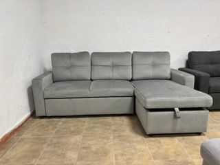 Sofá Cama Gris Terciopelo con Arcón - Barato