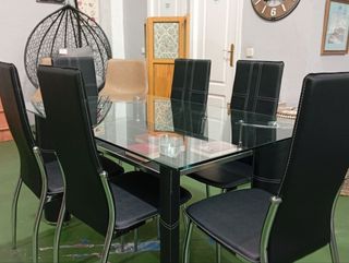 Mesa de cristal con 6 sillas negras - envio gratis