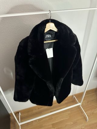 Abrigo Pelo Sintético Zara Mujer Negro Talla M