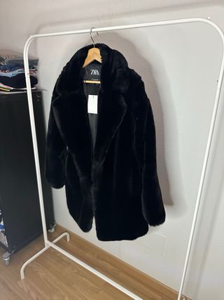 Abrigo Pelo Sintético Zara Mujer Negro Talla M