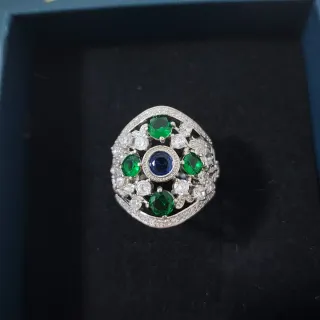 Anillo Plata 925 Zafiro y Esmeralda sintéticos