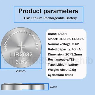 Batería LIR2032 3.6V Recargable(2 uds)