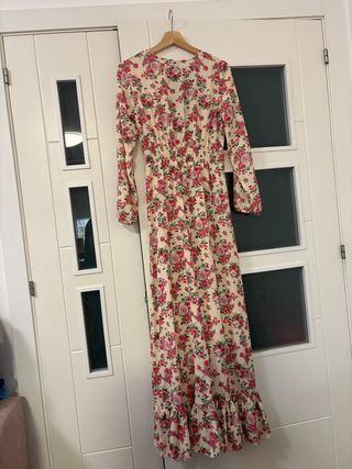 Vestido largo floral beige y rosa
