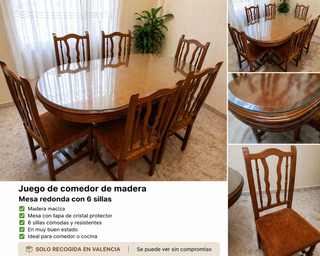 Mesa comedor madera redonda + 6 sillas