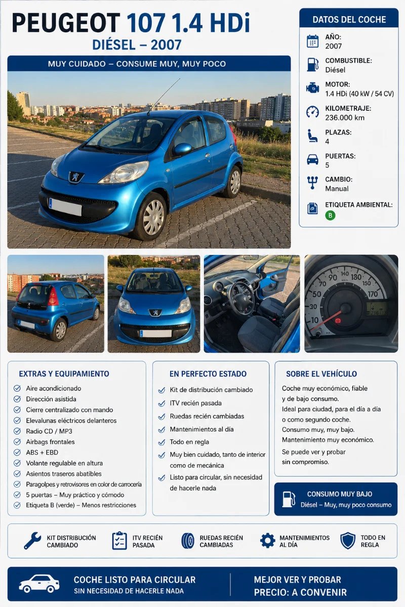 Peugeot 107 1.4 HDi Diésel – 2007 – Muy cuidado - foto 1