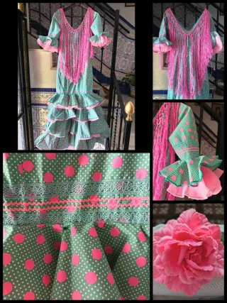 Traje de flamenca verde y rosa