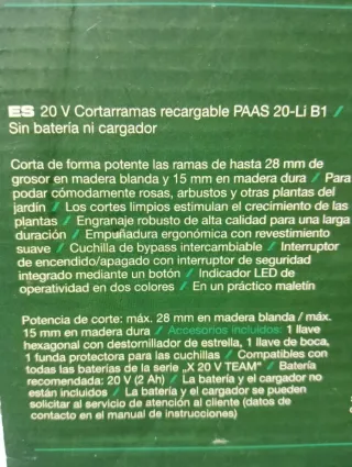 Tijeras Podar Recargable PARKSIDE 20V