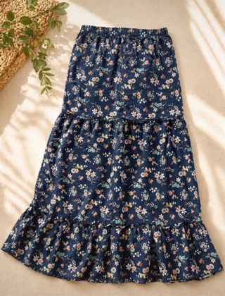 Falda larga floral azul mujer