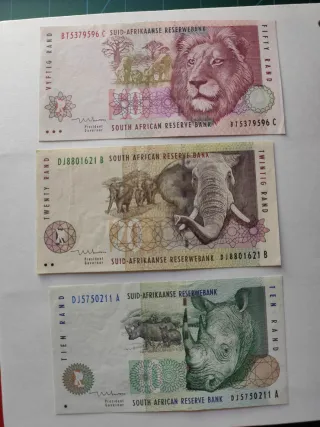 Billetes Sudáfrica 10, 20 y 50 Rand
