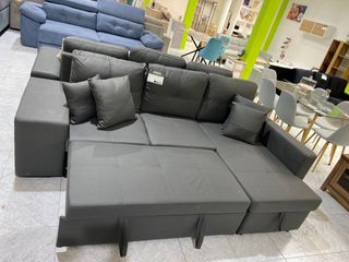 Sofá cama gris 250cm con puff ocultos y arcón
