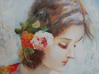 Cuadro al óleo mujer y flores
