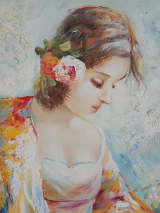Cuadro al óleo mujer y flores