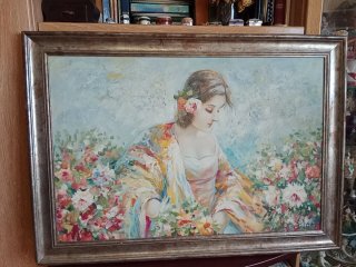 Cuadro al óleo mujer y flores