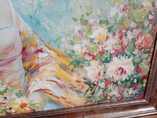 Cuadro al óleo mujer y flores