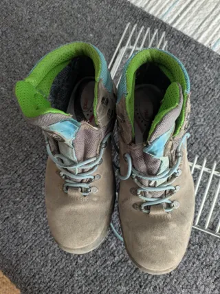Botas de montaña grises y verdes y azules