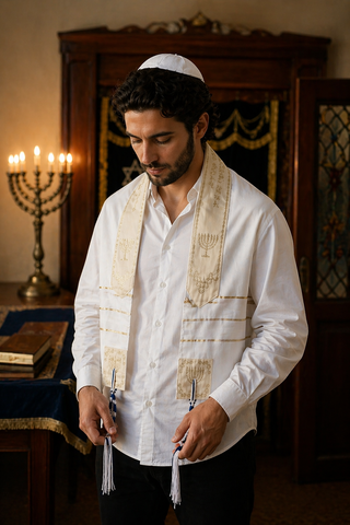 Talit de oración judío blanco y dorado