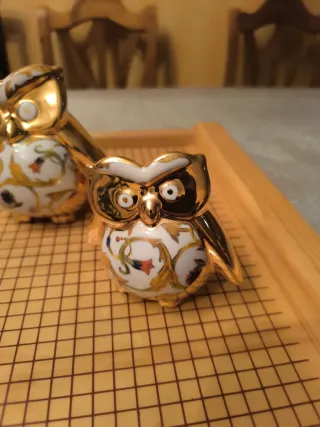 Figuras Búhos Cerámica Dorados Set 3