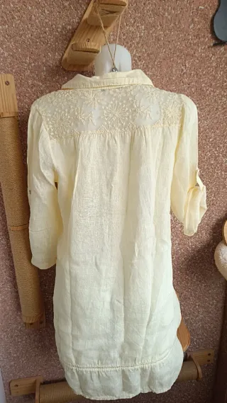 Vestido camisero 100% lino amarillo con pinzas