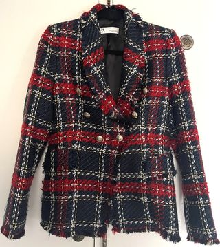 Blazer Tweed Zara Cuadros Azul y Rojo - Impecable