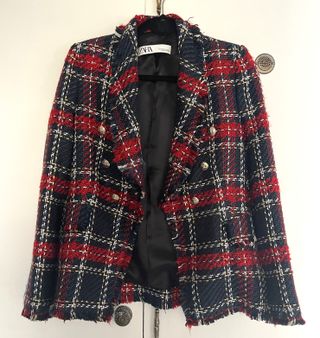 Blazer Tweed Zara Cuadros Azul y Rojo - Impecable