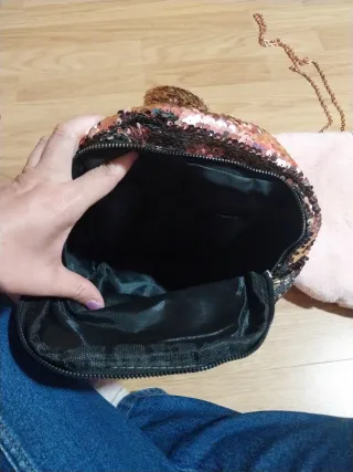 Bolso y mochila lentejuelas rosa y dorado