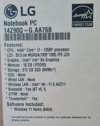 LG Gram 14Z90 Chasis Magnesio i7 16GB 512GB. 999gr