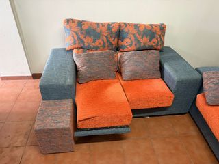 Sofá 3 y 2 plazas tela gris y naranja