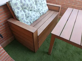 Banco baúl madera + mesa exterior