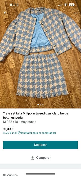 Traje tweed azul claro beige botones perla talla M