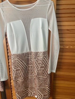 Vestido fiesta lentejuelas oro y blanco