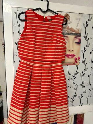 Conjunto falda y top rayas naranja y beige bolsill