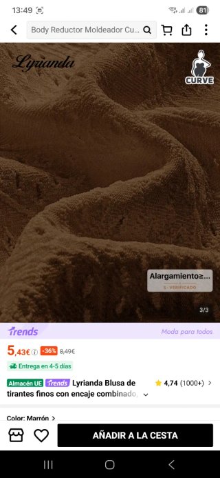 Lyrianda Blusa Tirantes Encaje Marrón Talla XXXL