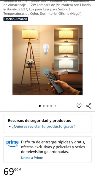 Lámpara de pie trípode madera con estante y mando
