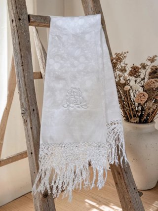 Textil antiguo toalla con monograma y flecos